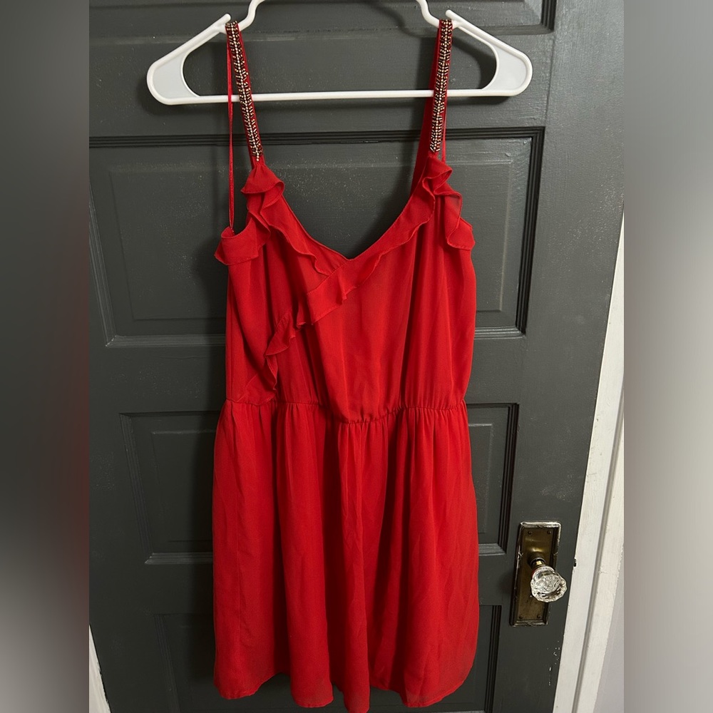 ZARA red dress with embellished straps and ruffle detail